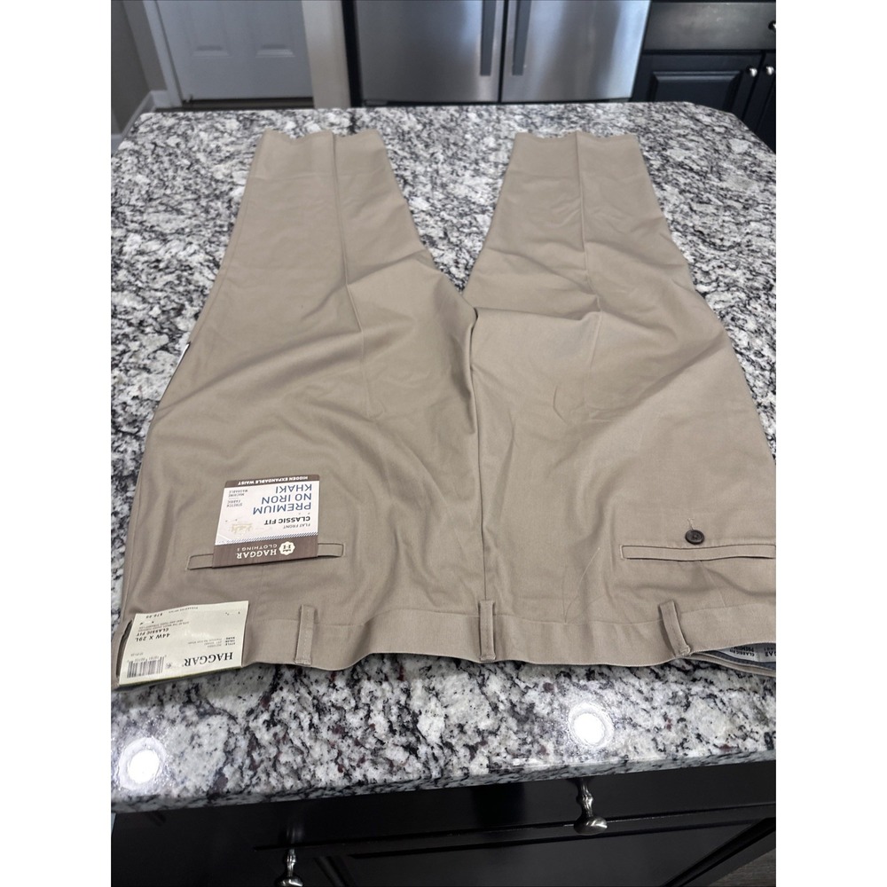 Haggar Clothing Flat Front Classic Fit Pants Men 44x29 Tan Premium No Iron Khaki - Picture 5 of 8